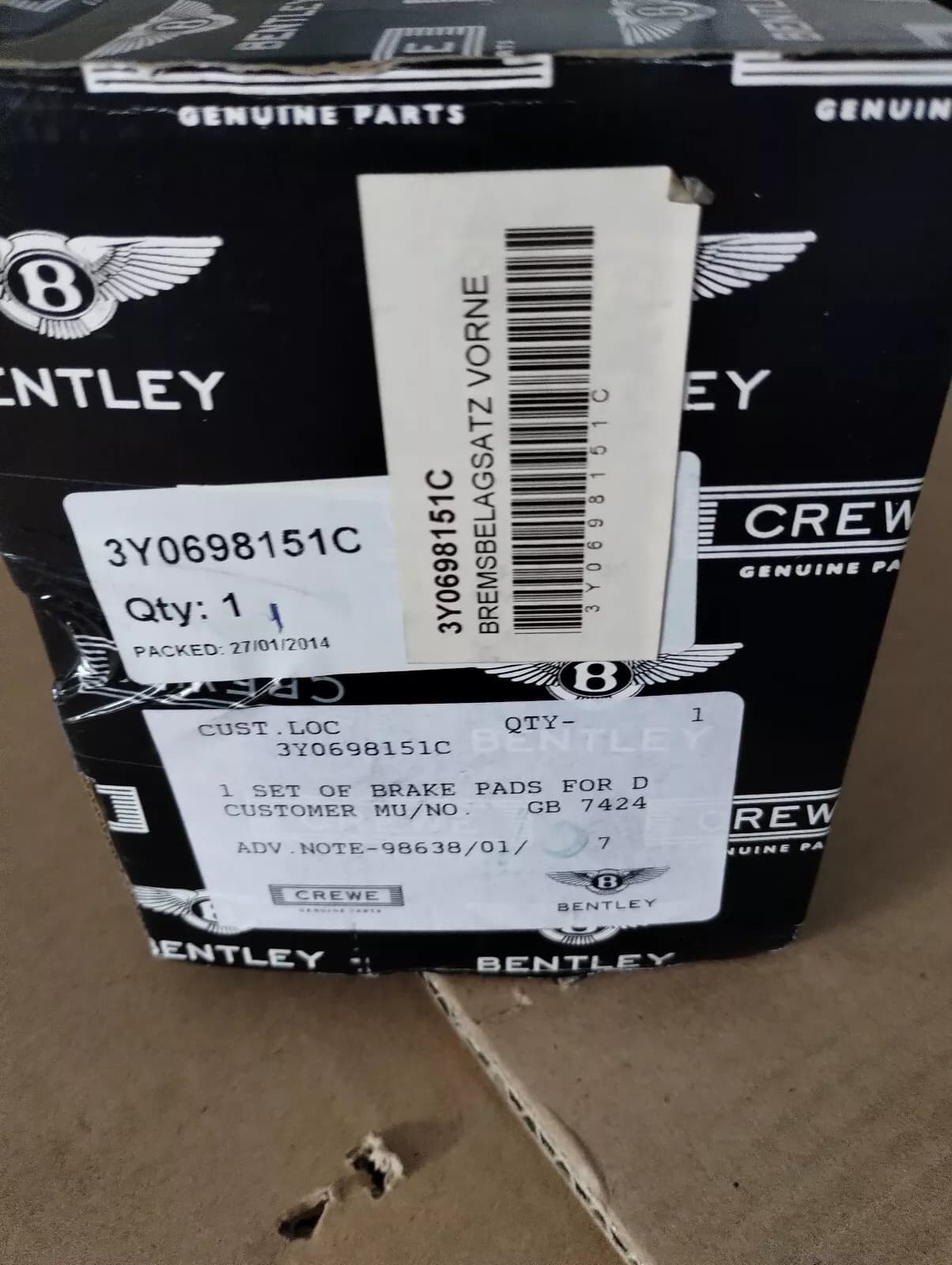 ORIGINAL BENTLEY FRONT BRAKE PADS (Mulsanne 2011 on) 1PCS No: 3Y0698151C