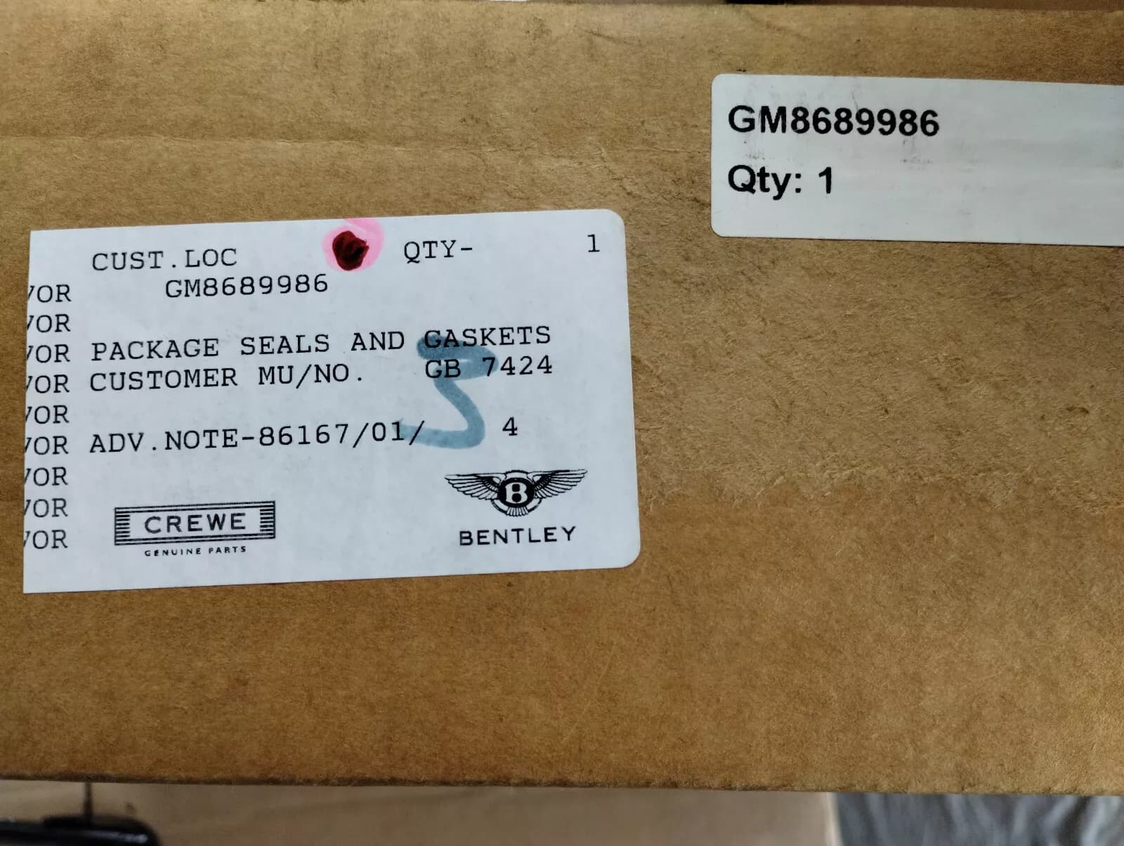 Bentley genuine GERBOX PACKAGE SEALS AND GASKETS No:GM8689986