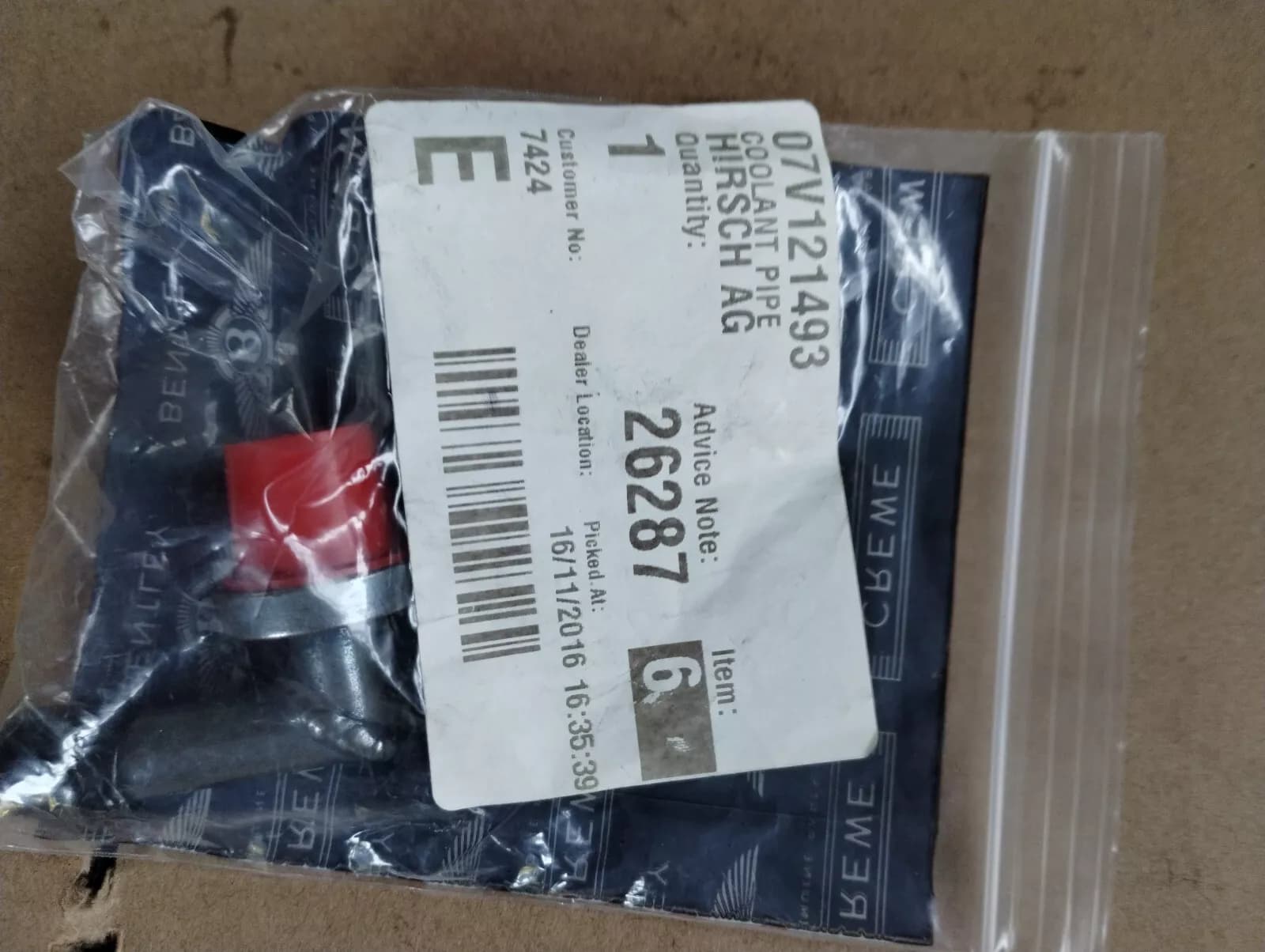 Bentley genuine COOLANT PIPE No:07V121493