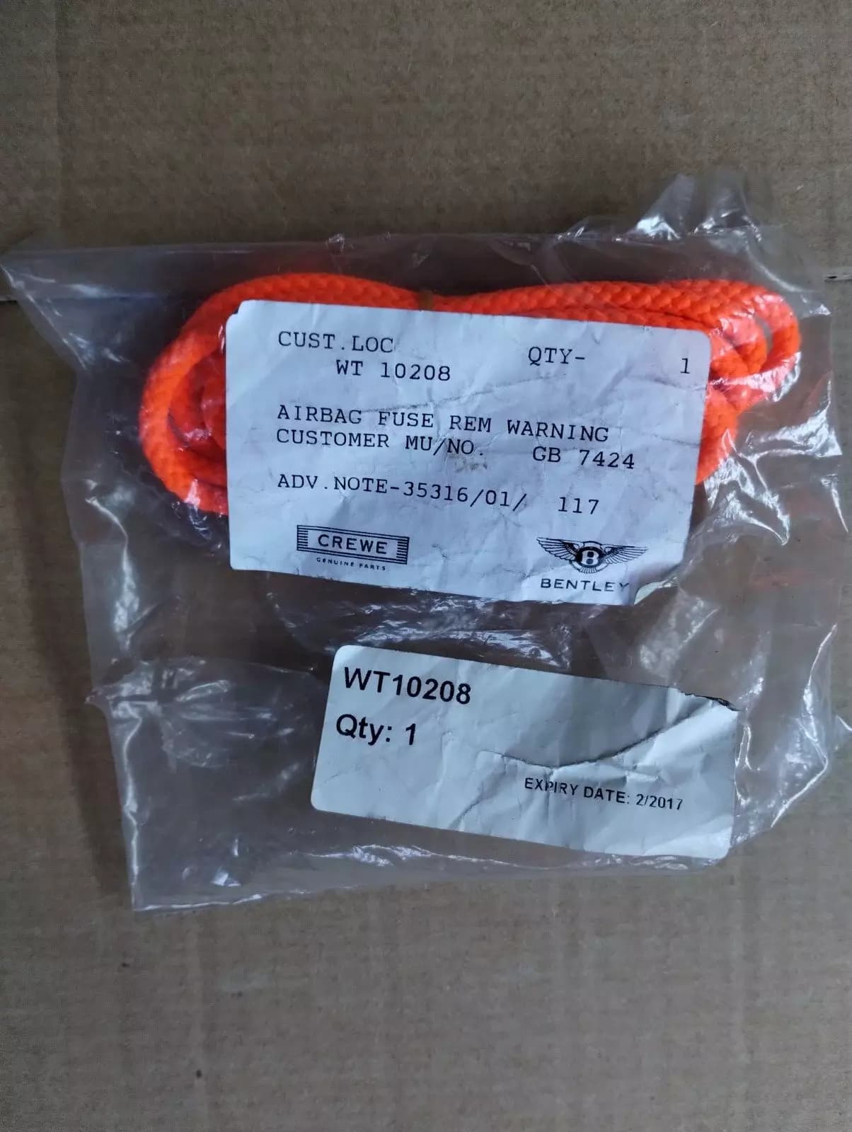 NEW BENTLEY genuine AIRBAG FUSE REM WARNING No: WT10208