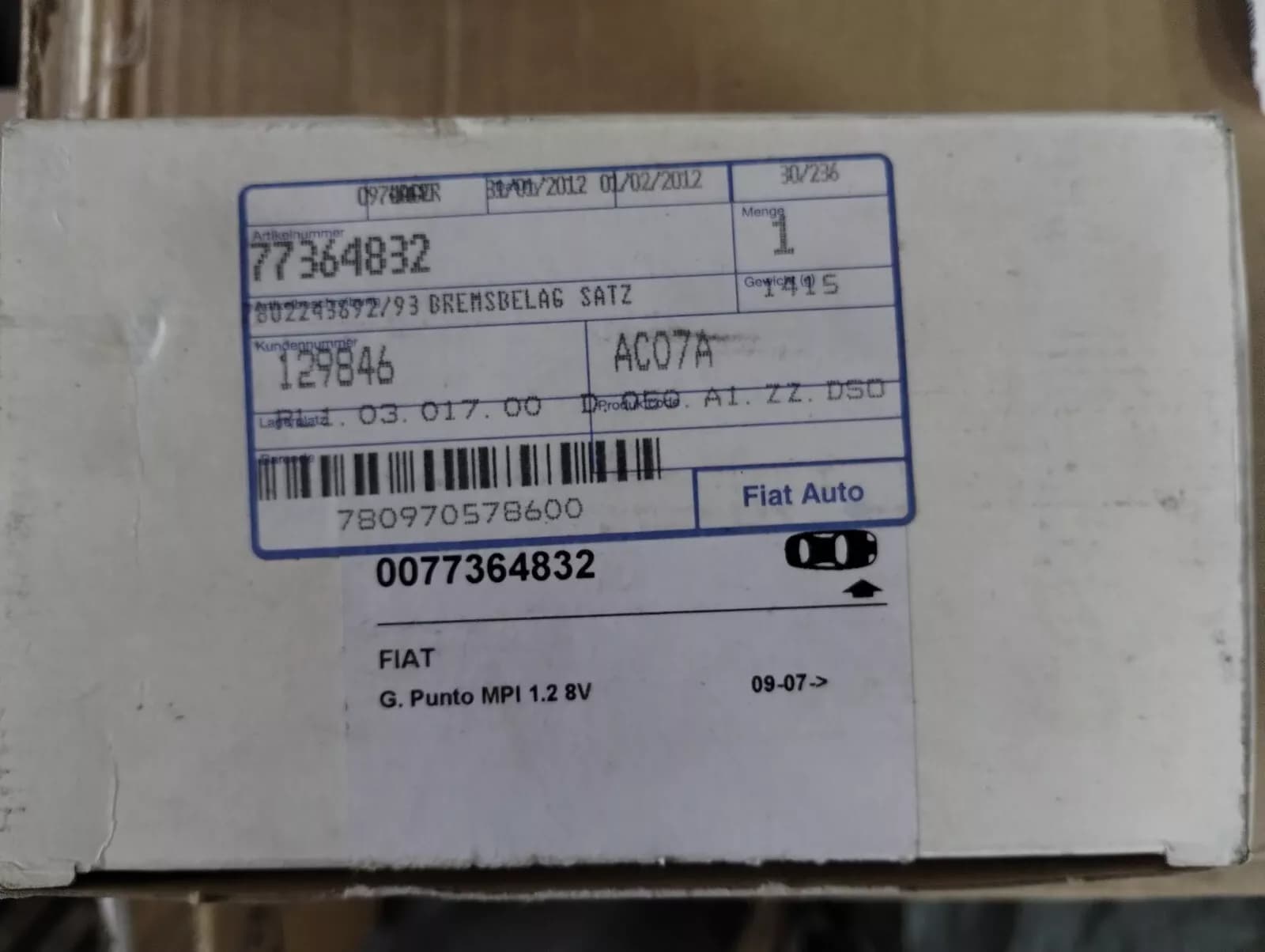 Genuine Fiat PAD SET No : 77364832