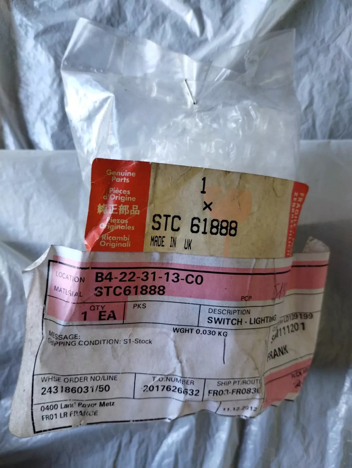 Jaguar, Land Rover, genuine SWITCH - LIGHTING No: STC61888