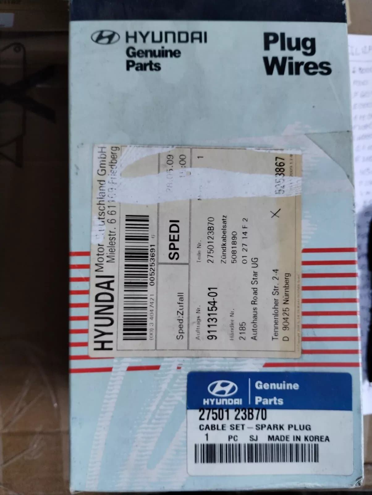 Genuine Hyundai, CABLE SET-SPARK PLUG 1 pcs no: 2750123B70