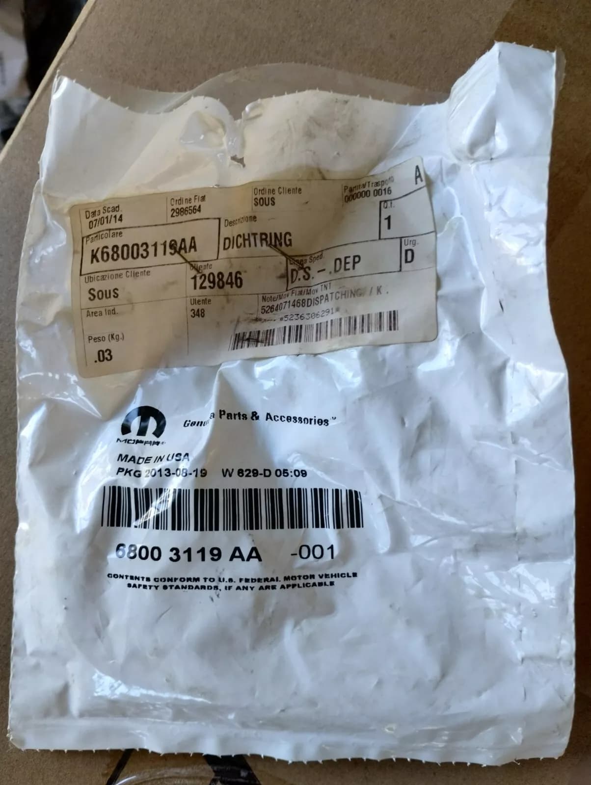 Genuine Mopar Seal 2 pcs No : K68003119AA