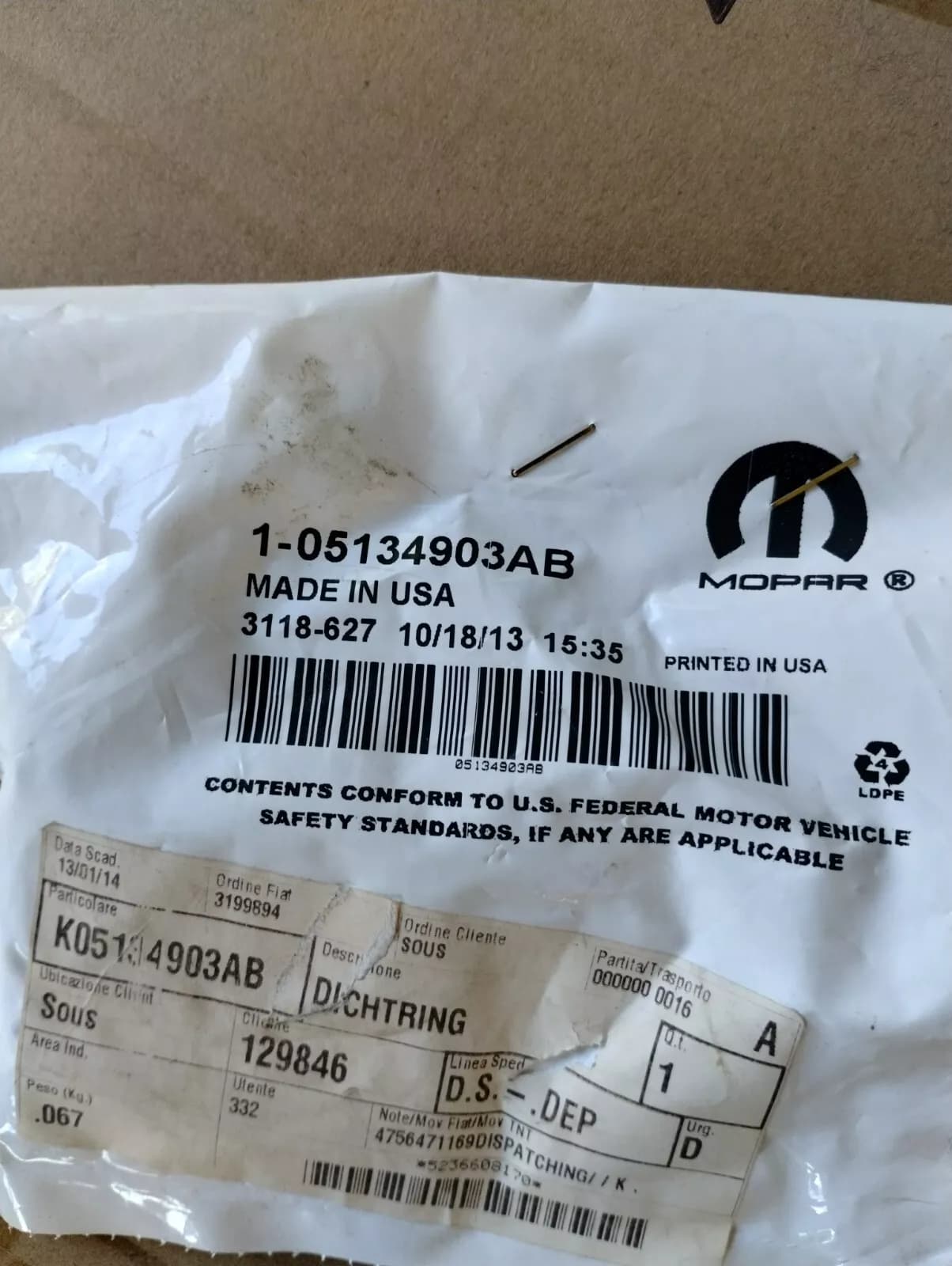 Genuine Mopar, Shaft seal No: K05134903AB