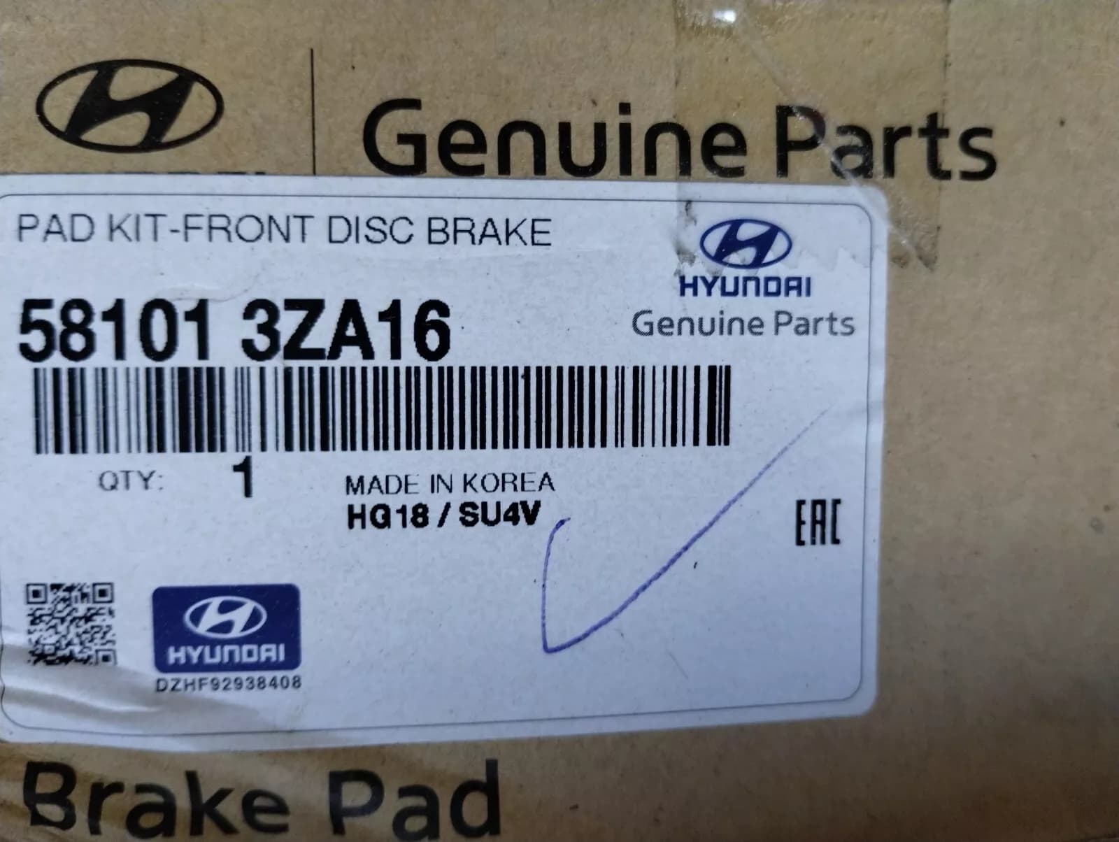 HYUNDAI Original PAD KIT-FRONT DISC BRAKE No : 581013ZA16