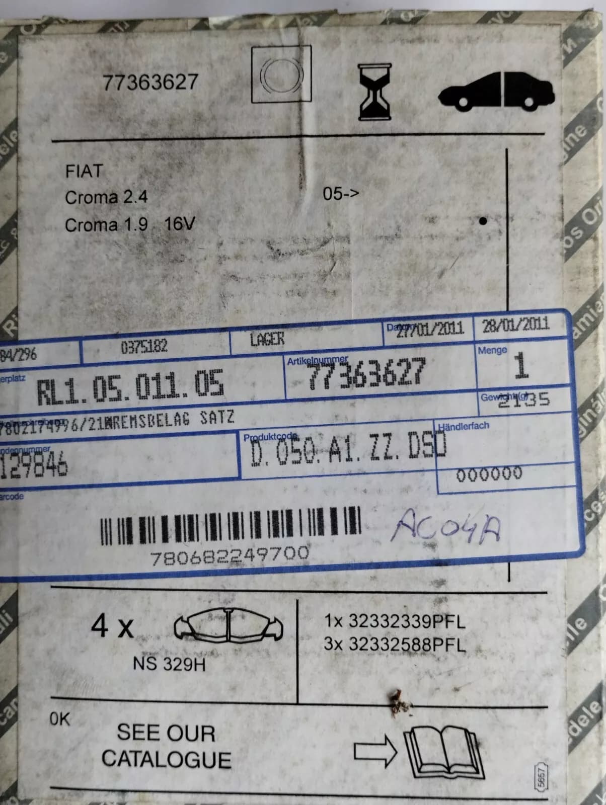 Genuine Fiat, Alfa Romeo, Lancia brake pad set No: 77363627