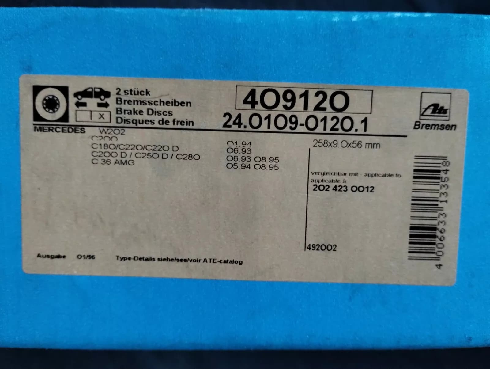 NEW ATE disc brake rotor 2 Pcs Mercedes W202 No: 409120, 2024230012