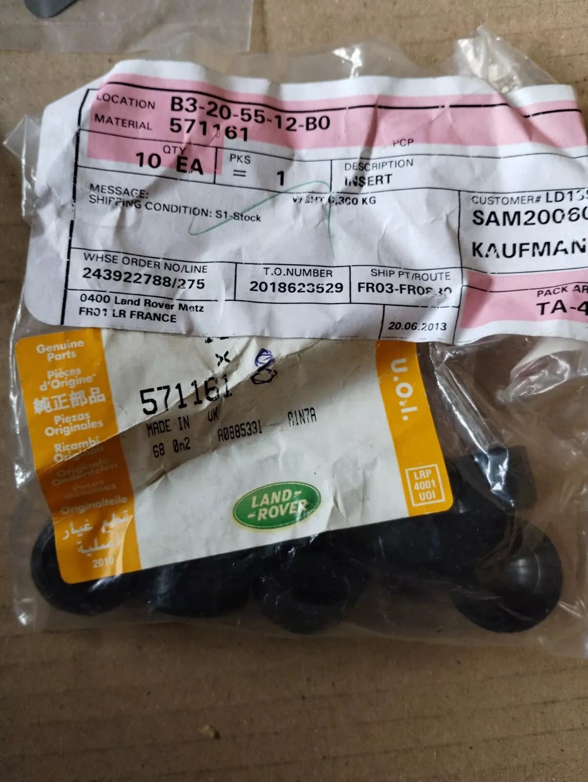 Genuine Jaguar, Land Rover, INSERT-CLUTCH LEVER 8 Pcs Nr: 571161