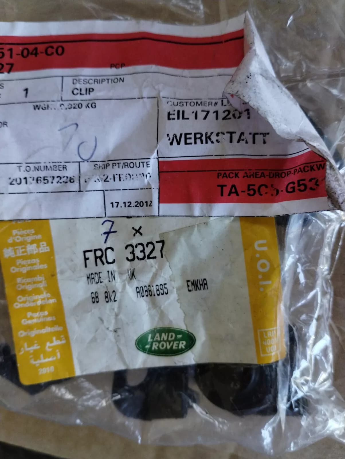 Genuine Jaguar, Land Rover, Push rod clip 7 pcs no: FRC3327