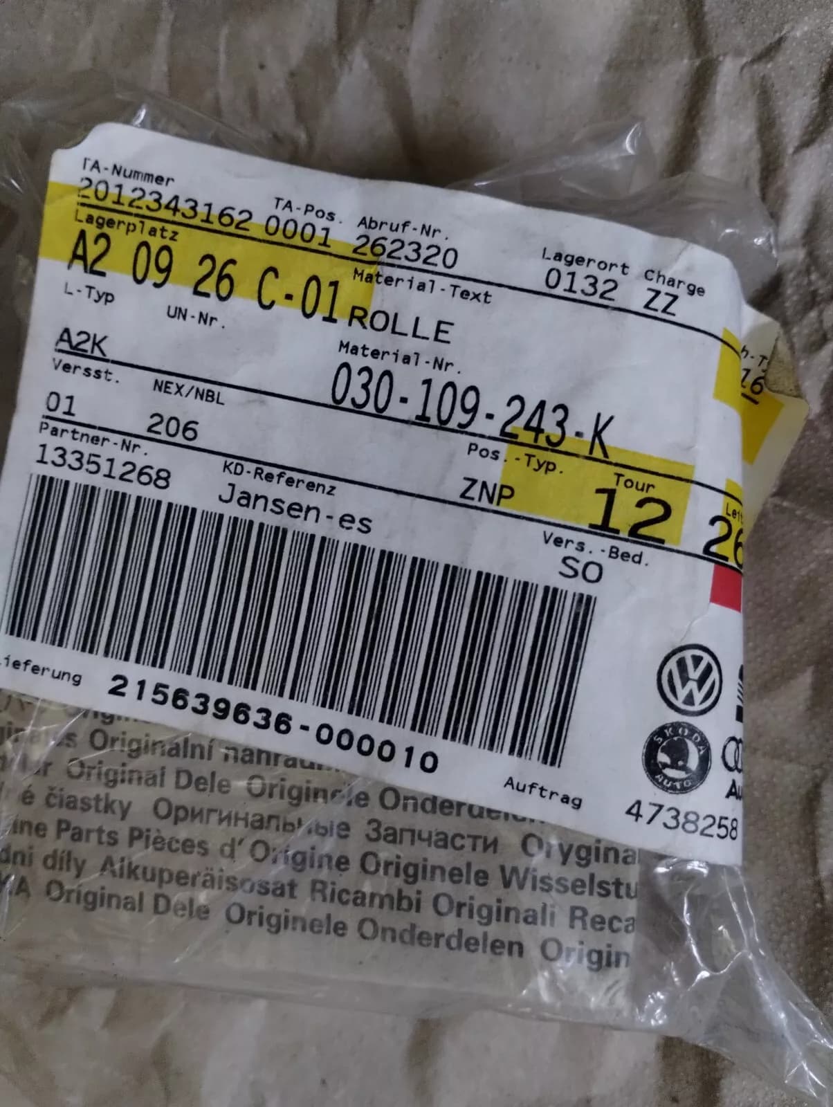 Genuine Volkswagen, Audi tensioner No: 030109243K