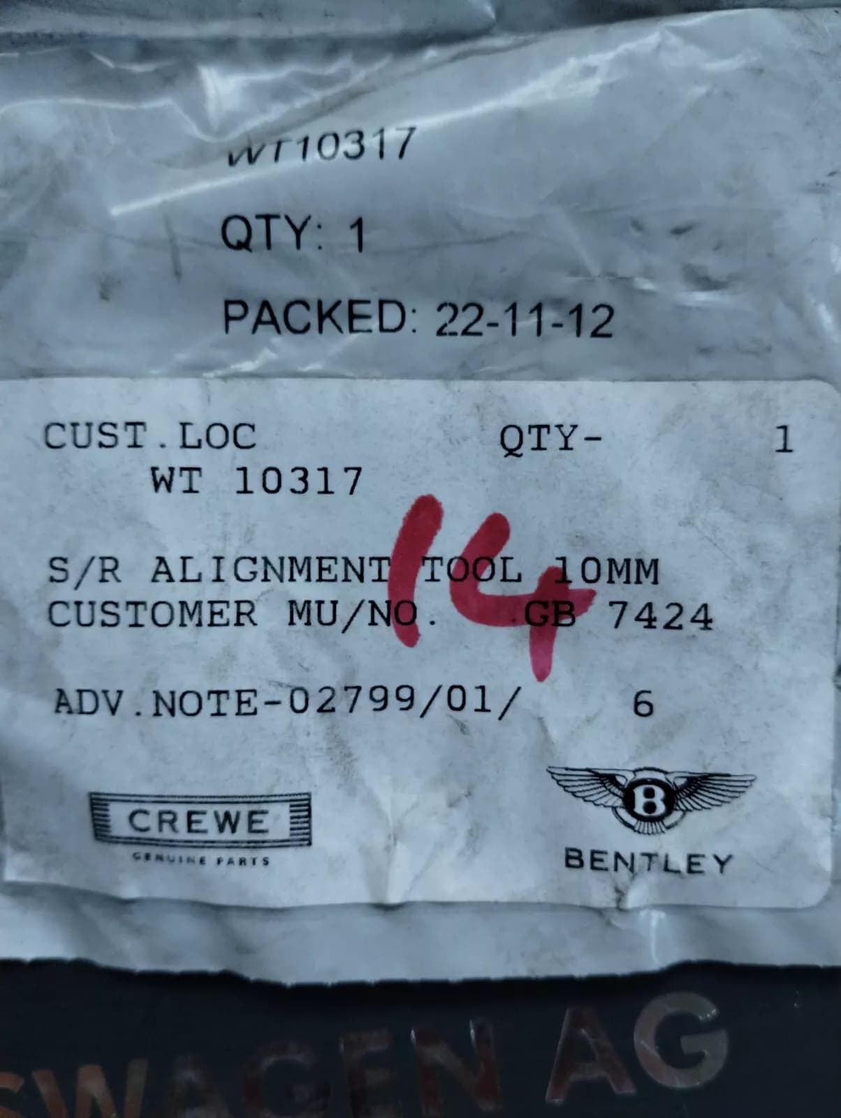 NEW BENTLEY genuine S/R ALIGNMENT TOOL 10MM No: WT10317