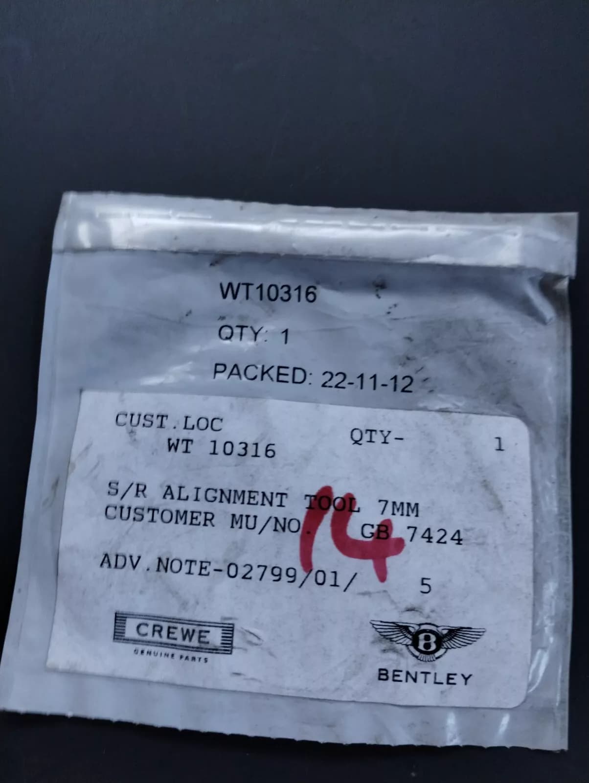 NEW BENTLEY genuine S/R ALIGNMENT TOOL 7MM No: WT10316