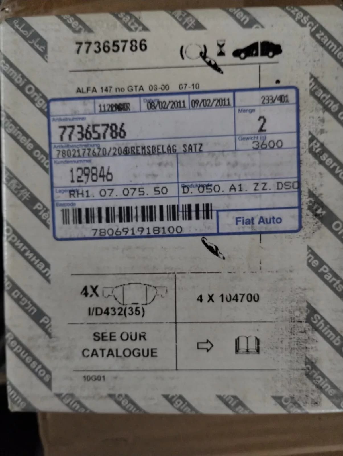 Genuine Fiat, Lancia, Alfa Romeo, Pad set No: 77365786