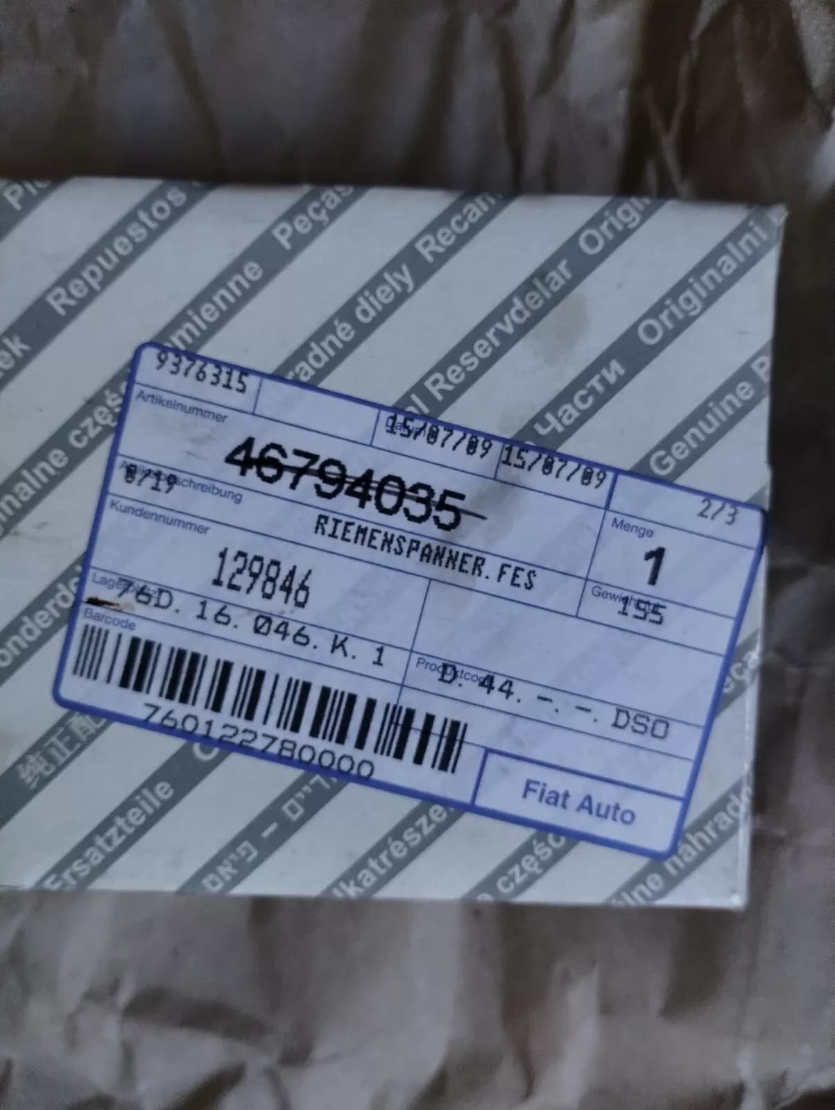 Genuine FIAT BELT TENSIONERS No: 46794035