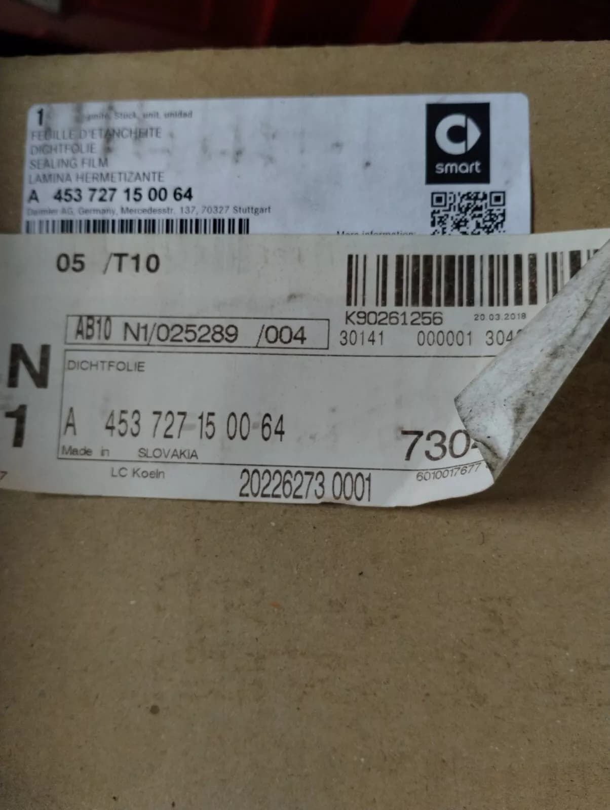 ORIGINAL Mercedes, sealing foil No : A453727150064