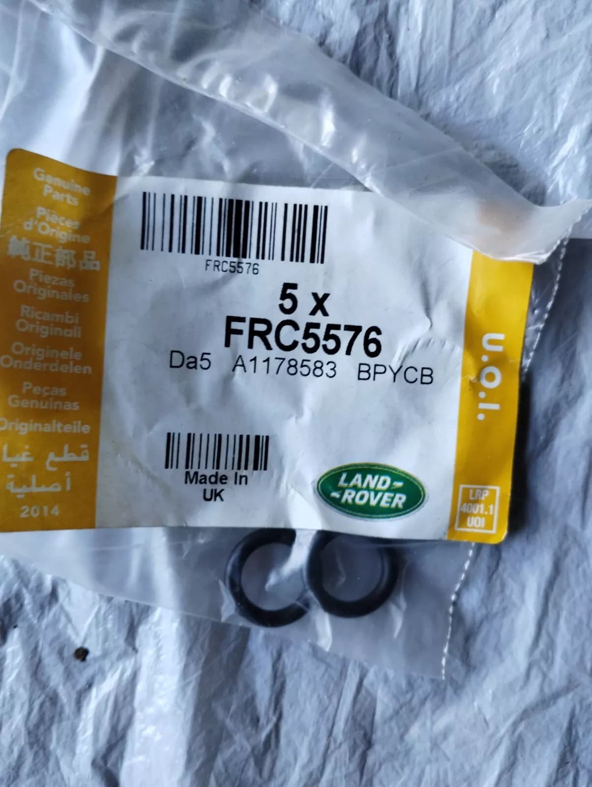 Jaguar, Land Rover, genuine Crankshaft O ring 5pcs No: FRC5576