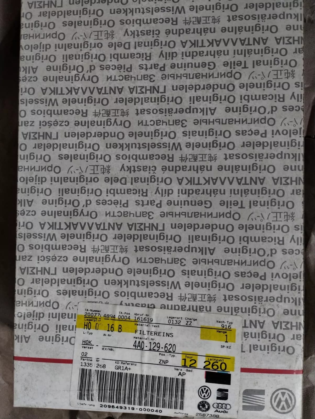 Genuine Volkswagen, Audi filter No: 4A0129620