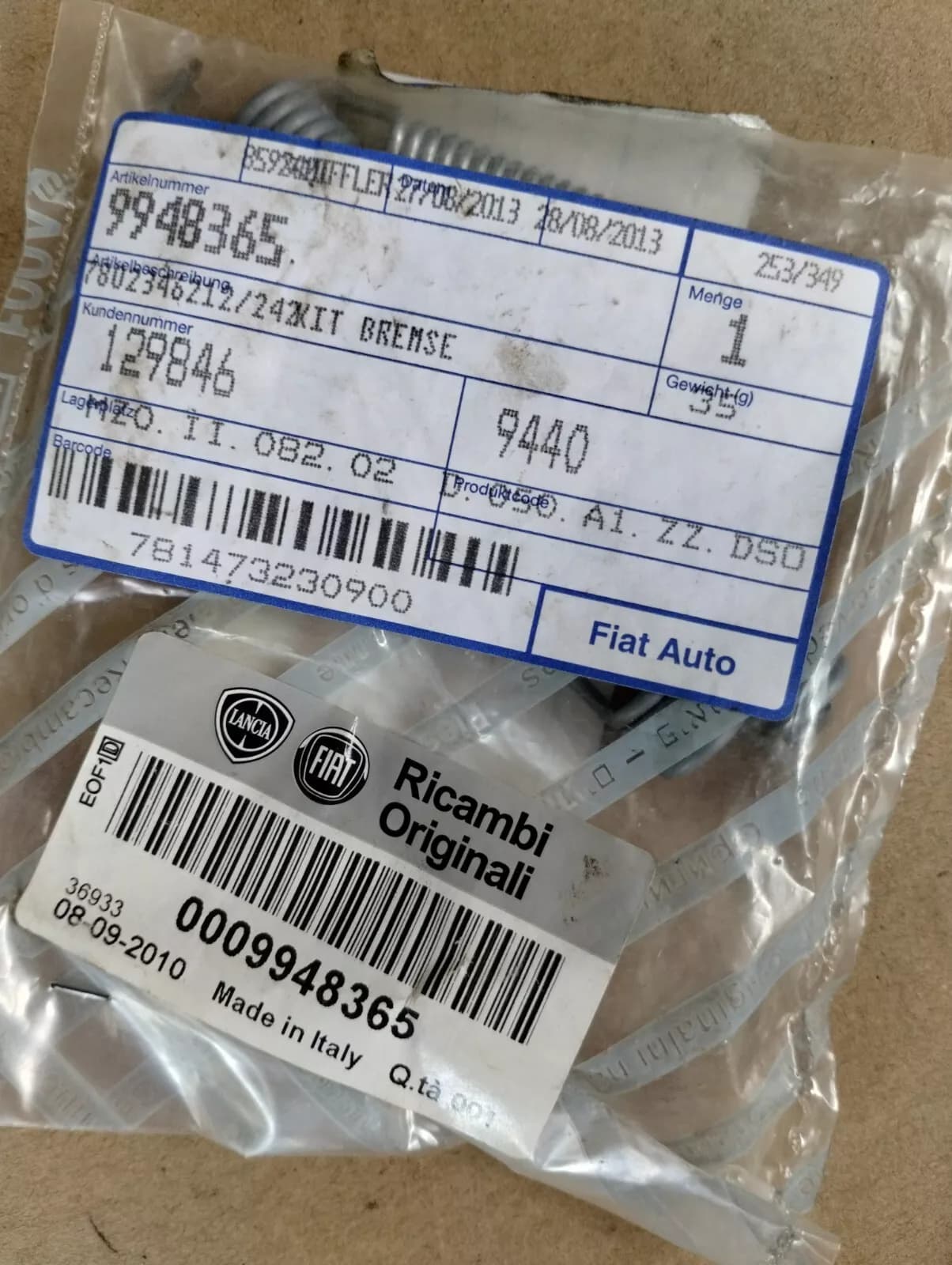 Genuine Fiat KIT BRAKE No : 9948365