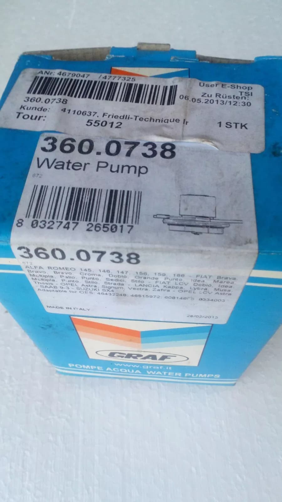 Alfa Romeo, Fiat water pump Nr:360 0738