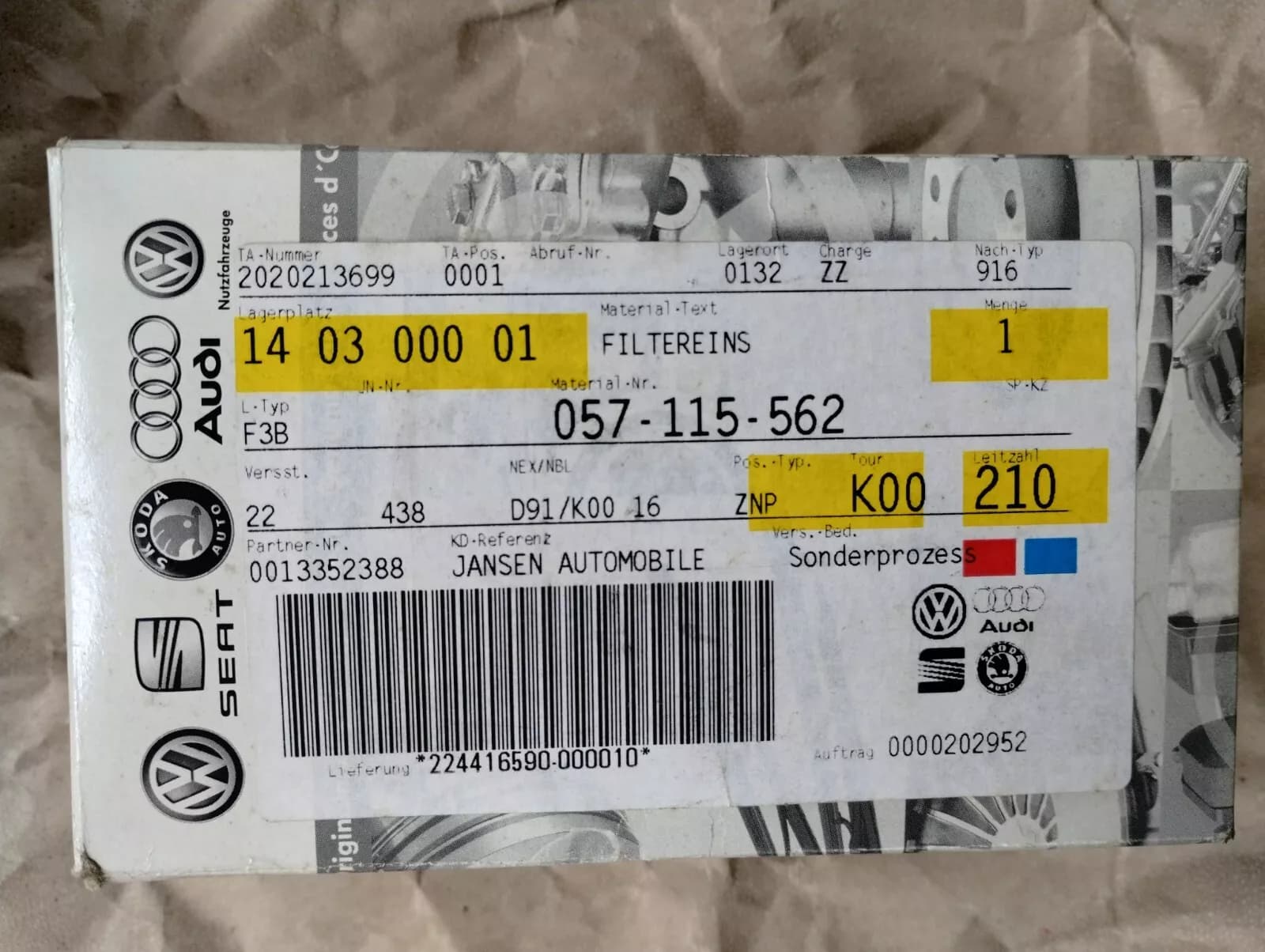 Genuine Volkswagen / Audi filter No : 057115562