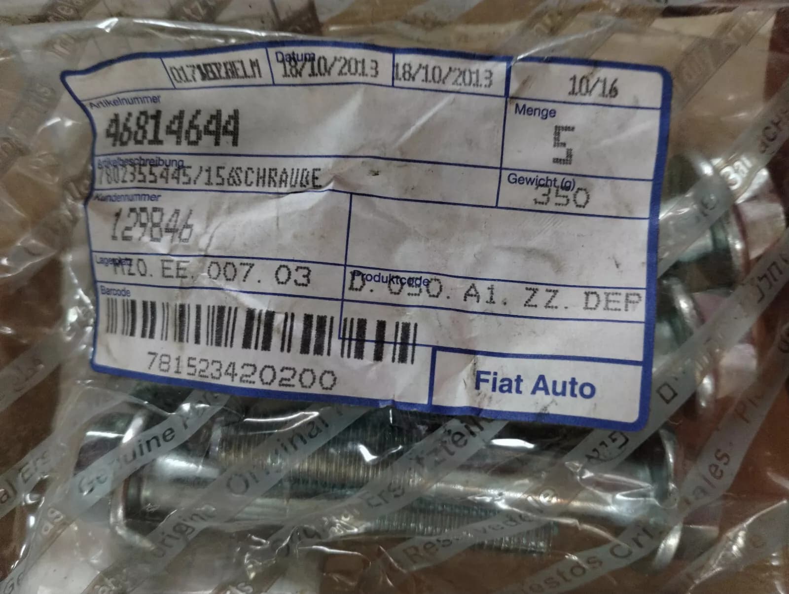 Genuine Fiat, Alfa Romeo, Lancia flanged head bolt 5 Pcs No: 46814644