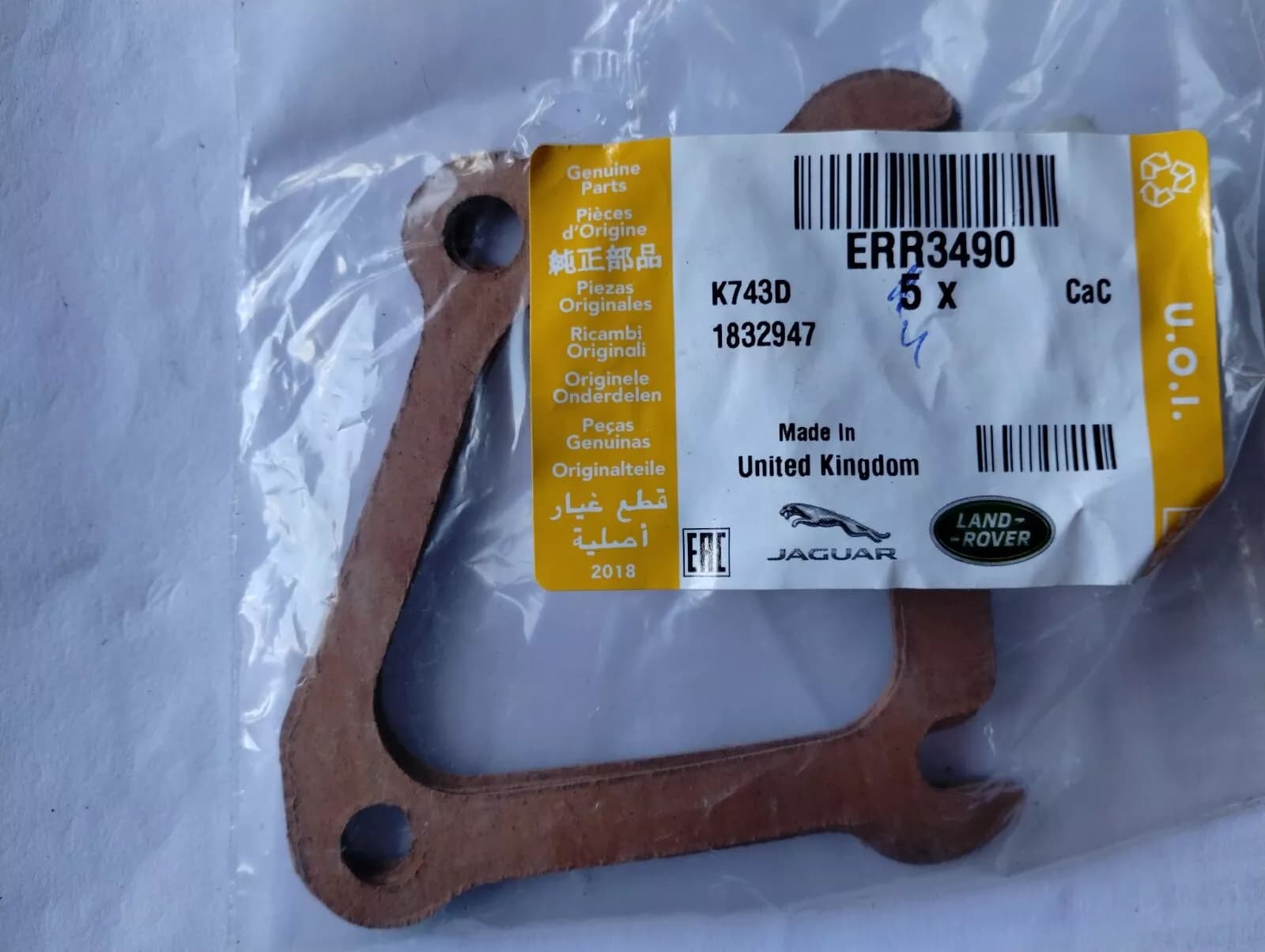 Jaguar, Land Rover, genuine Gasket-thermostat housing 4 pcs No: ERR3490