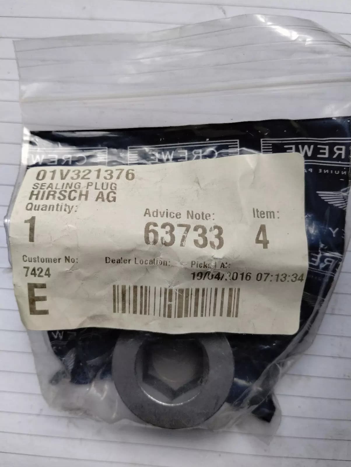 ORIGINAL VW GROUP PARTS, SEALING PLUG 1 PCS No: 01V321376