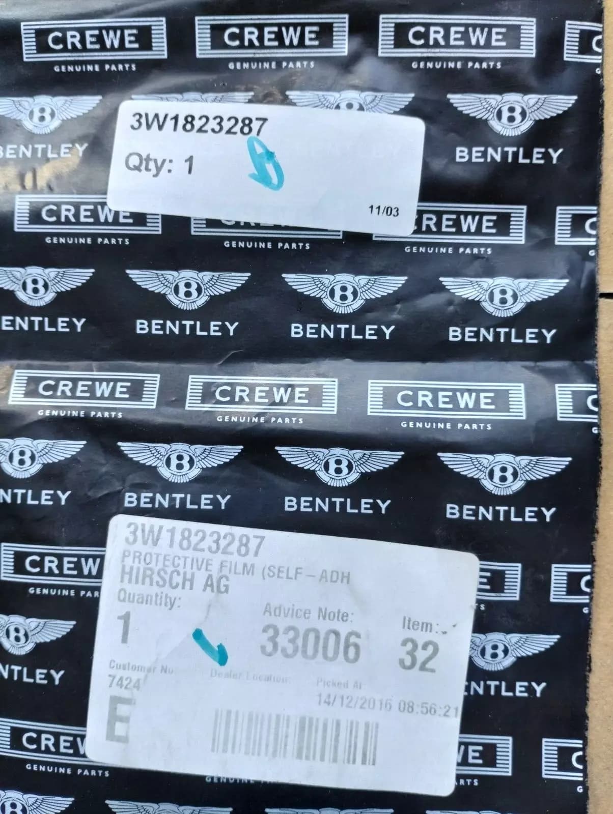 ORIGINAL BENTLEY PROTECTIVE FILM (SELF-ADH) 1 PCS No: 3W1823287