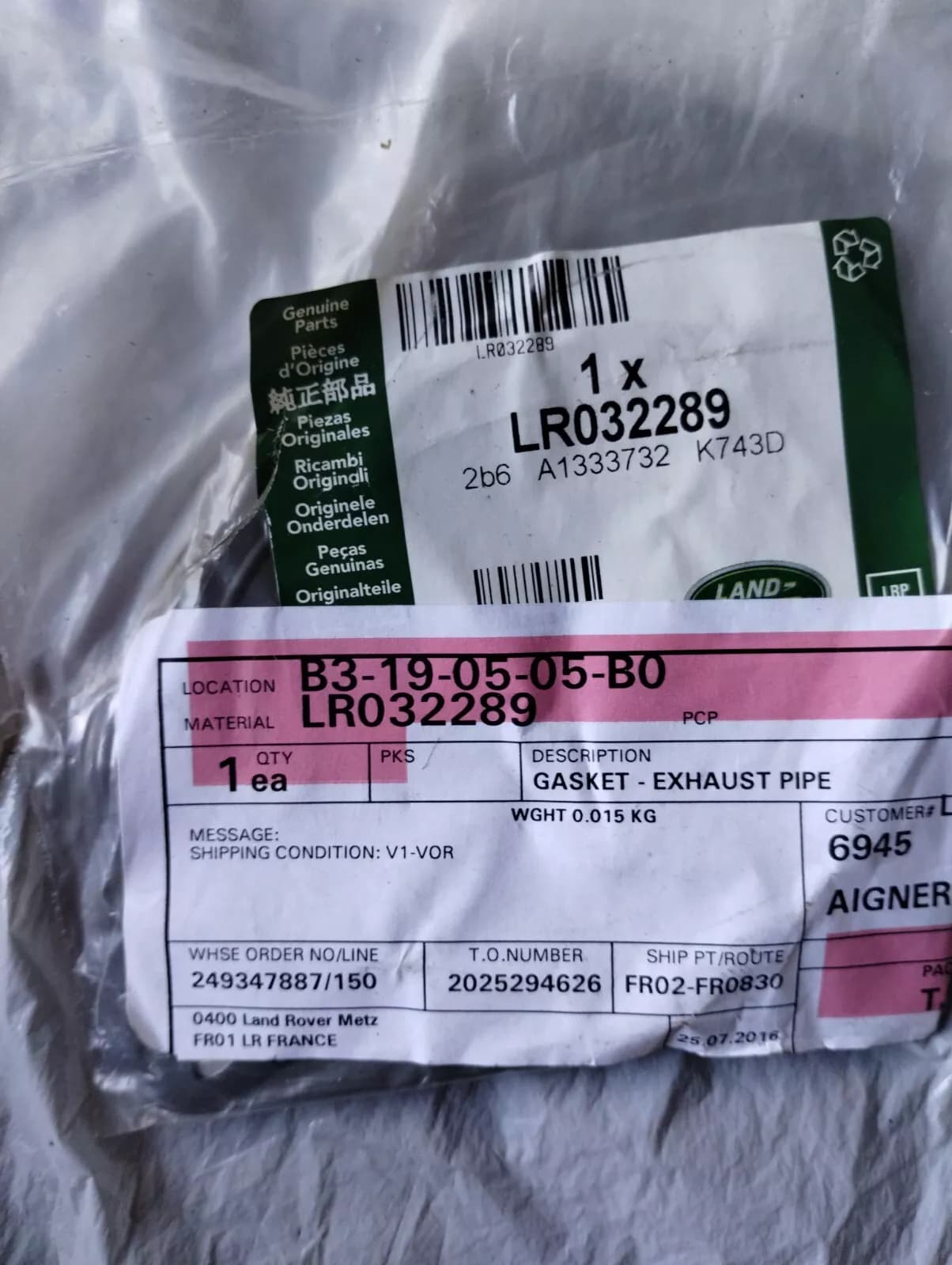 Jaguar, Land Rover, genuine gasket No: LR032289