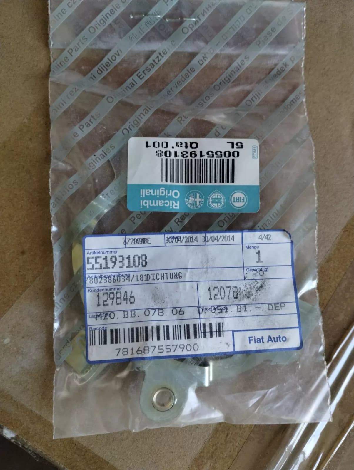 Genuine Fiat, Alfa Romeo gasket No: 55193108