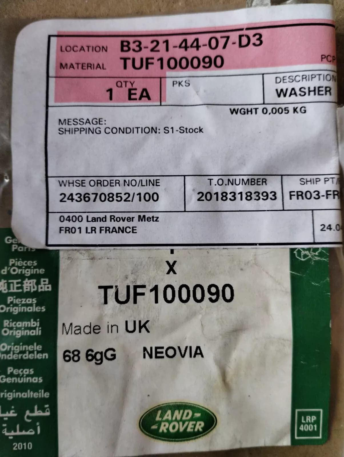 Genuine Jaguar, Land Rover, washer 1 Pcs No: TUF100090
