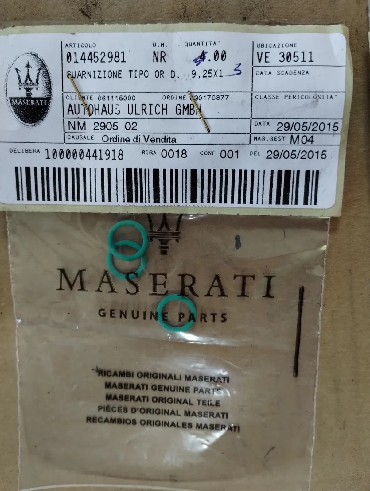 Genuine Maserati Rubber Ring. Part Number 14452981