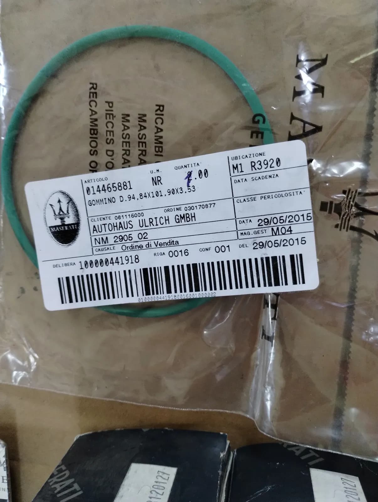 Genuine Maserati Rubber Ring. Part Number 14465881