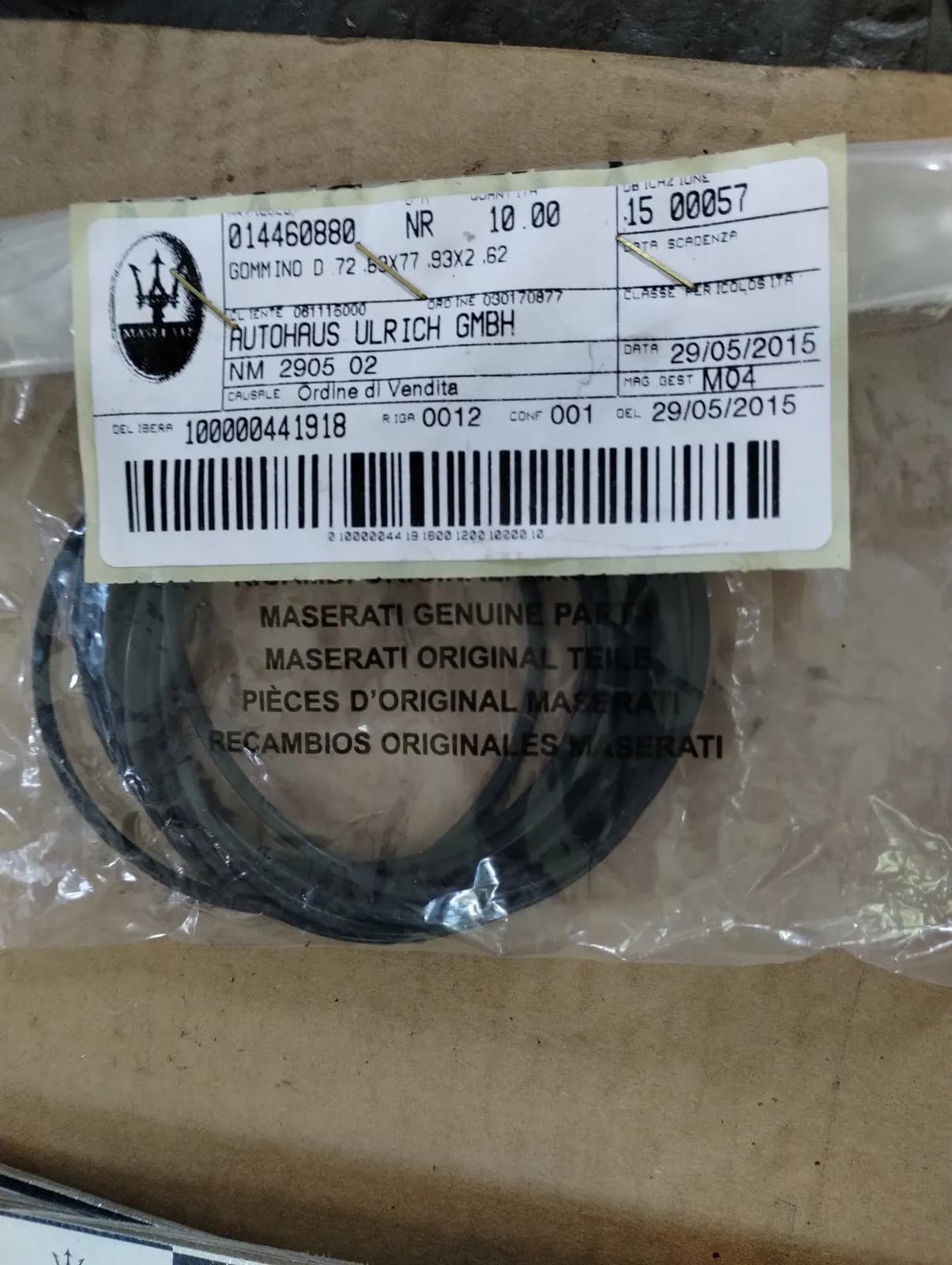 Genuine Maserati Rubber Ring. Part Number 14460880