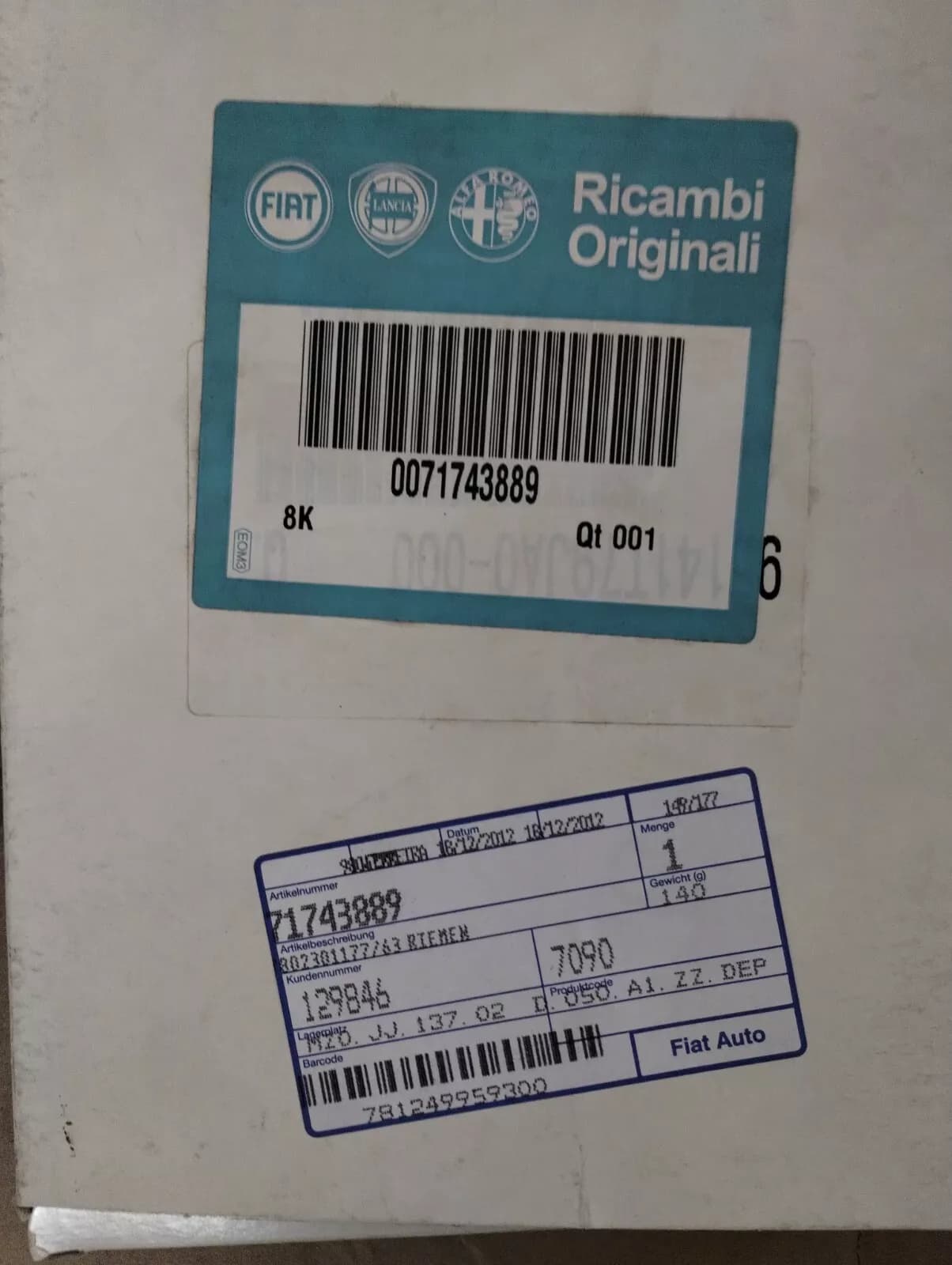 Genuine Fiat, Lancia, Alfa Romeo, Belt Nr: 71743889